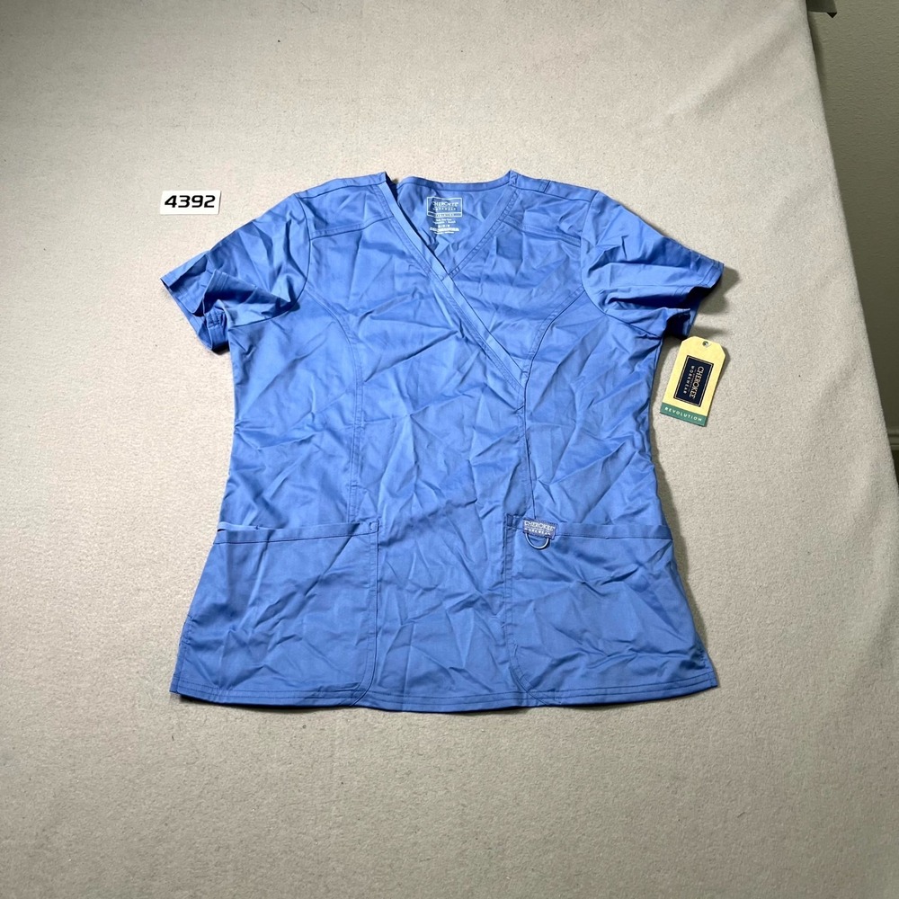 Cherokee Workwear Revolution‎ Mock Wrap Scrub Top Women Medium Blue Medical